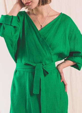 Зеленое платье кимоно из натурального льна