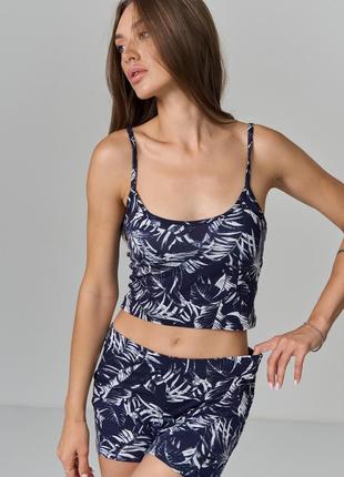 Комплект з міні-шортиками - листя на темно-синьому фоні