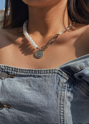 Ланцюжок велика ланцюг кольє намисто з позов. перлами "монетка" нова якісна