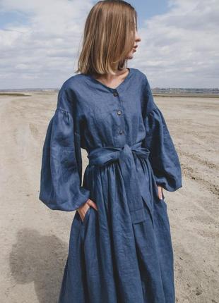 Бирюзовое платье из льна свободного кроя в стиле бохо6 фото