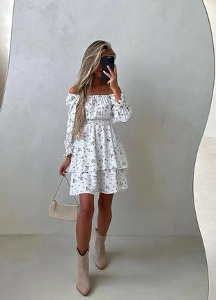 Платье в цветочный принт весеннее до колен с длинным рукавом белое в цветах платья мини летнее базовая с воланами1 фото
