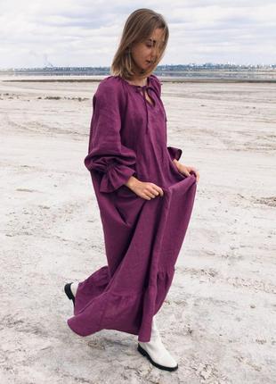 Фиолетовое платье-туника свободного кроя из натурального льна1 фото