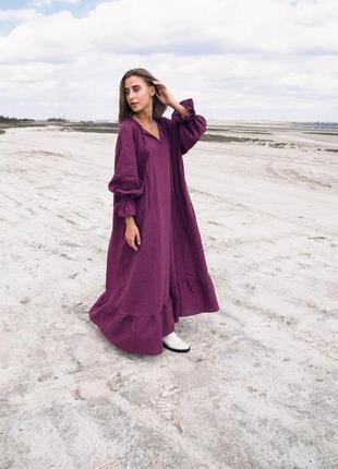 Фиолетовое платье-туника свободного кроя из натурального льна7 фото