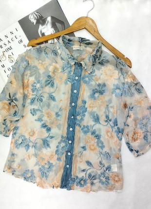 Шелковая блузка рубашка бежевая голубая цветы2 фото