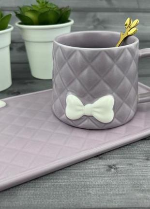 Керамическая чашка с блюдцем и ложечкой softy лиловая2 фото