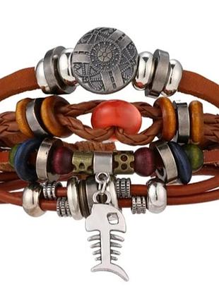 Набор кожаных мужских браслетов - мужской браслет "рыба"