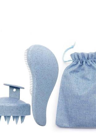 Набір для волосся в мішечку: гребінець і масажна щітка. блакитний1 фото