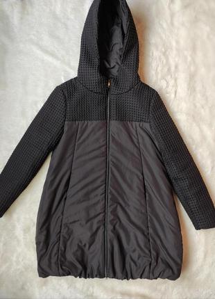 Черный деми пуховик короткий длинный утепленная куртка деми с капюшоном трапеция imperial италия1 фото