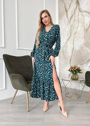 Длинное платье в принт с разрезом сбоку на юбке3 фото