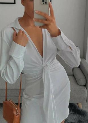 Сукня-сорочка з попліну zara біла з поясом блогер2 фото