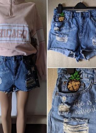 Крутые джинсовые шорты с патчами и надписями высокая посадка denim co