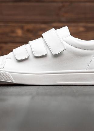 Базові, білі, шкіряні кеди на липучках натуральна шкіра