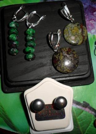 Набір з сережок з натурального каменю (рубін в цоізиті, яшма кров дракона, чорні перли), handmade4 фото