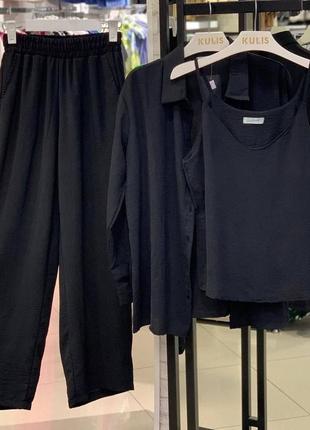 Жіночий діловий стильний класний класичний зручний модний трендовий костюм модний брюки штани штанішки і майка та рубашка чорний