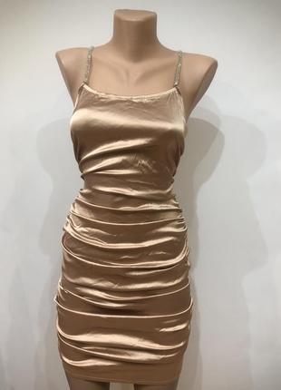 Золота сукня з  в стилі oh polly стразами з камінцями атласна сатинова2 фото