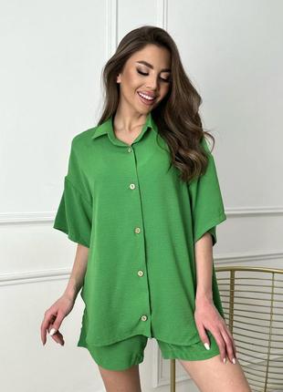 Женский деловой стильный классный классический удобный модный трендовый костюм модный брюки шорты шортики и рубашка зеленый