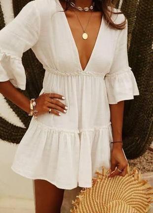 Короткая женская пляжная туника белого цвета, пляжное платье свободного кроя 42/442 фото