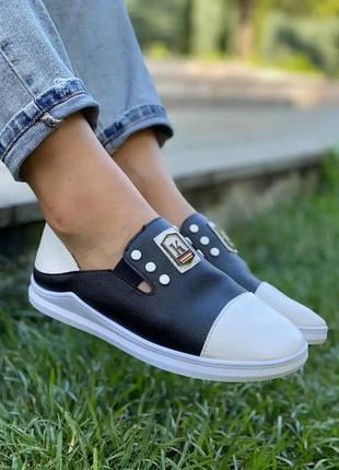 Слипоны женские черные с белым т1643