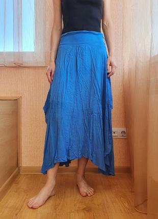 Синяя легкая свободная натуральная миди юбка/юбка s-l