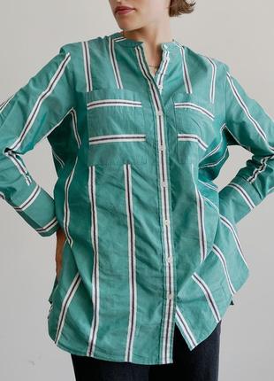 Рубашка рубашка туника на пуговицах свободный крой в полоску зеленая3 фото