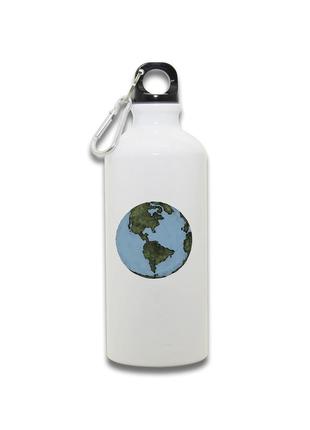 Фляга металева спортивна з карабіном земна куля біла 650 мл