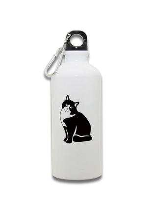 Фляга металева спортивна з карабіном котик біла 650 мл