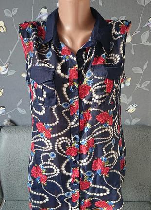 Красивая женская блуза рисунок бусы и цветы р.44 /46 блузка блузочка