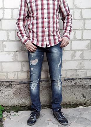 Джинсы слимы alcott w32(46) original италия зауженные рванки унисекс узкачи темные