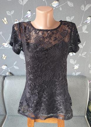 Черная женская блуза кружево р.42 /44 /46 блузка футболка