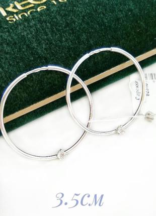 Серебряные серьги-кольца с цирконом д.3.5см, конго, сережки-кольца, серебро 925 пробы