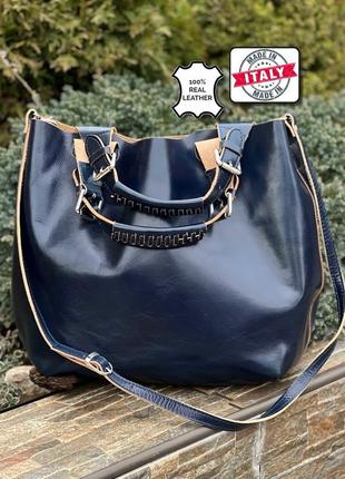 Стильная вместительная женская сумка шоппер итальялия натуральная кожа темно-синяя