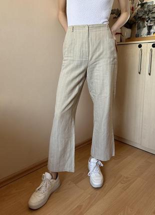 Бежеві брюки штани льняні у білу смужку1 фото