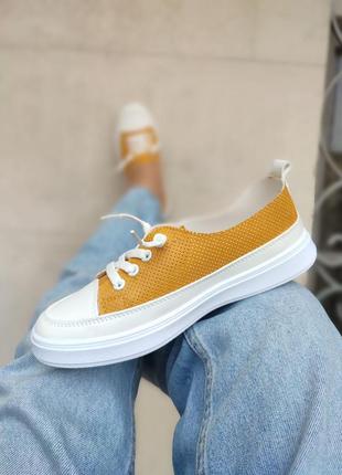 Жовті кеди кросівки мокасини сліпони туфлі балетки екошкіра перфорація