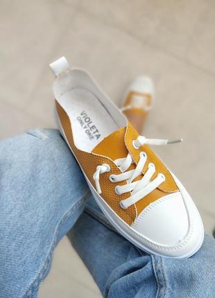 Жовті кеди кросівки мокасини сліпони туфлі балетки екошкіра перфорація