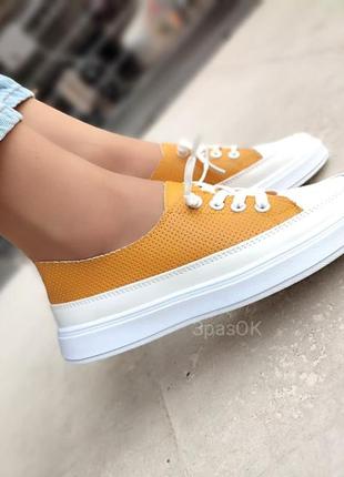 Жовті кеди кросівки мокасини сліпони туфлі балетки екошкіра перфорація