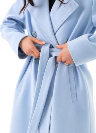 Пальто женское кашемировое демисезонное оверсайз весеннее осеннее  шерстяное двубортное голубое5 фото