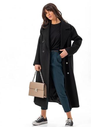 Пальто женское кашемировое демисезонное оверсайз весеннее осеннее шерстяное двубортное черное2 фото