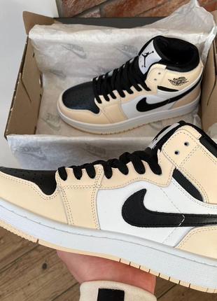 Женские высокие кожаные кроссовки nike air jordan retro1 black beige#найк6 фото