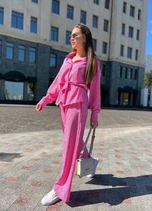 Костюм брючный в пижамном стиле малиновый зеленый черный розовый синий бежевый брюки штаны широкие палаццо прямые расклешенные рубашка кофта кардиган