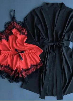Піжама з мереживом та халат жіночий комплект2 фото