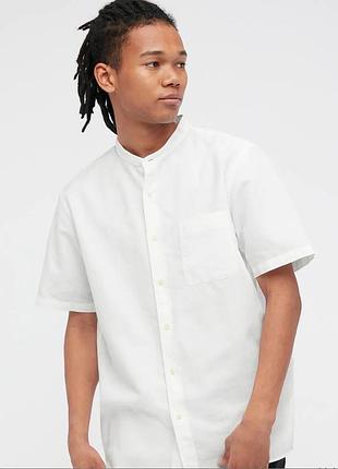 Белая мужская длинная льняная рубашка натуральная воротник стойка короткий рукав