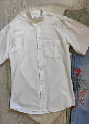 Белая мужская длинная льняная рубашка натуральная воротник стойка короткий рукав3 фото