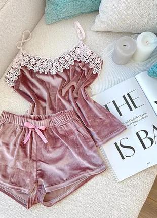 Женская велюровая пижама майка и шорты2 фото