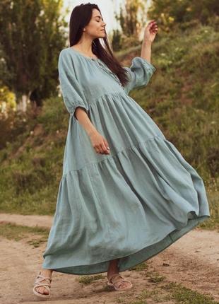 Мятное платье макси свободного кроя с длинным рукавом в стиле бохо из натурального льна1 фото
