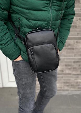 Мужская сумка борсетка через плечо черная экокожа много отделений smart