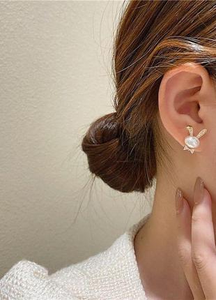 Серебряные серьги зайчик с жемчужиною и камнями, сережки для ушей, аксессуар для ушей, сережки, украшения1 фото