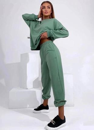Костюм жіночий спортивний  зелений оверсайз світшот  штани джогери на високій посадці з кишенями якісний стильний