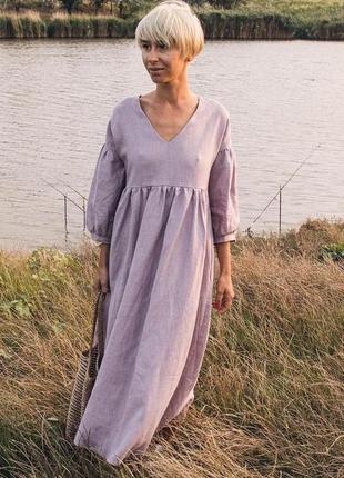 Лавандовое платье оверсайз с длинным рукавом в стиле бохо из натурального льна