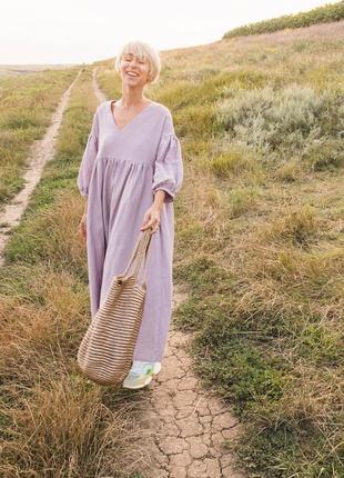 Лавандова сукня оверсайз з довгим рукавом у стилі бохо з натурального льону2 фото