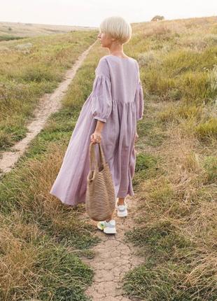 Лавандовое платье оверсайз с длинным рукавом в стиле бохо из натурального льна3 фото